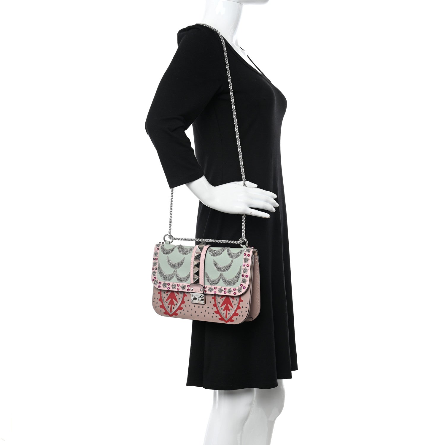 Valentino Garavani Vitello Crystal Embellished Medium Glam Lock Rockstud Flap Poudre 3 of 9