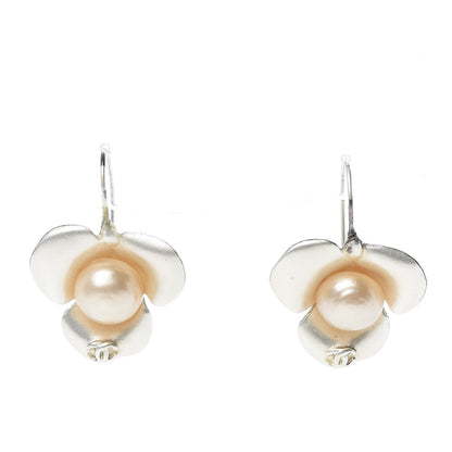 Chanel Pearl Camellia CC Drop Earrings Silver 1 of 4