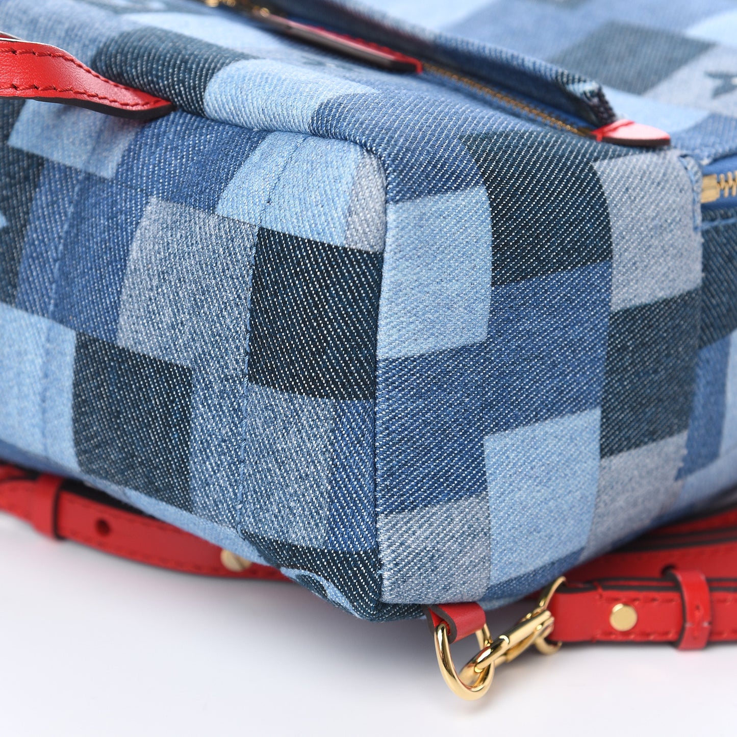 Denim Damier Monogram Patchwork Palm Springs Backpack Mini Blue Rouge