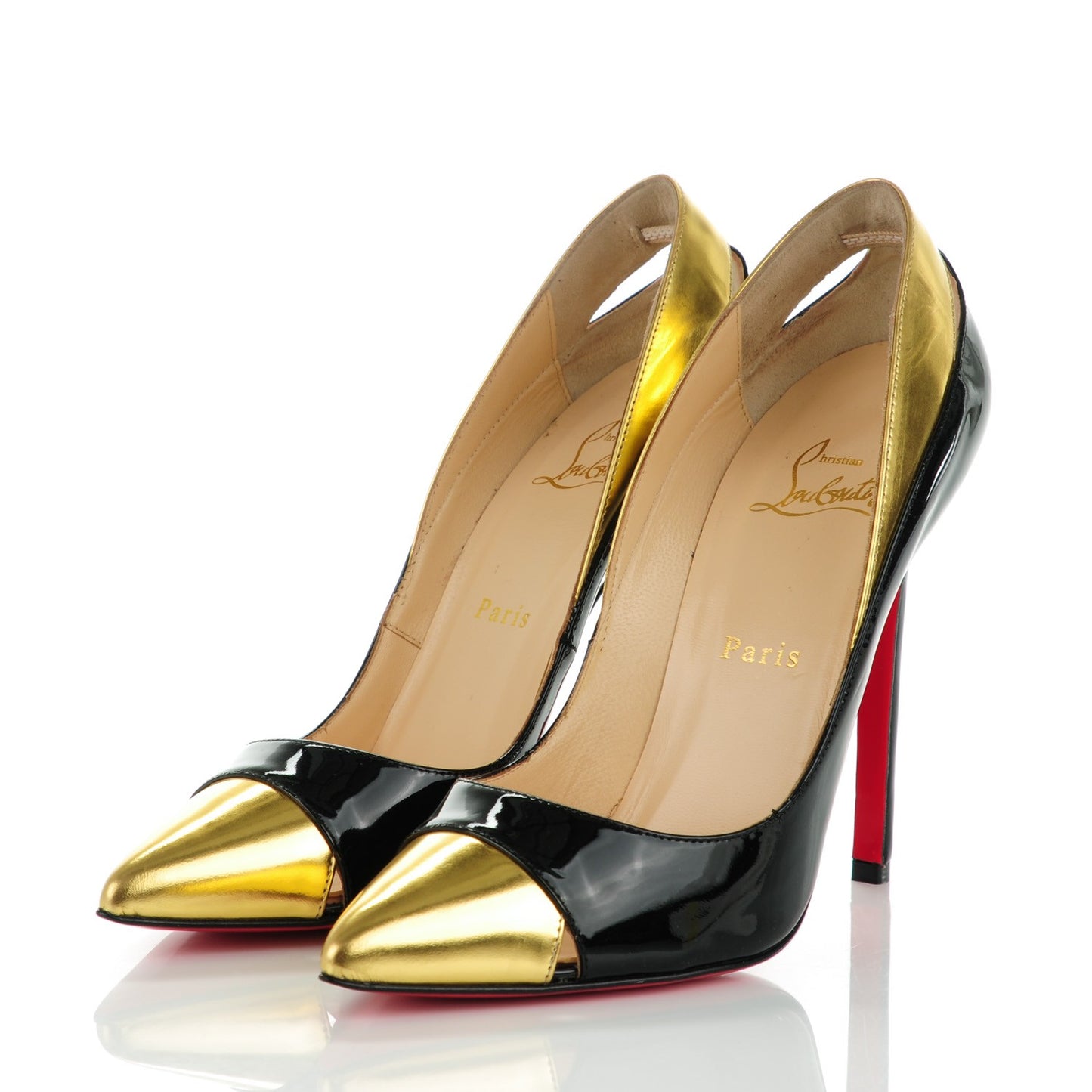 Patent Metallic Calfskin Duvette Cutout 120 Pumps 38 Black Gold