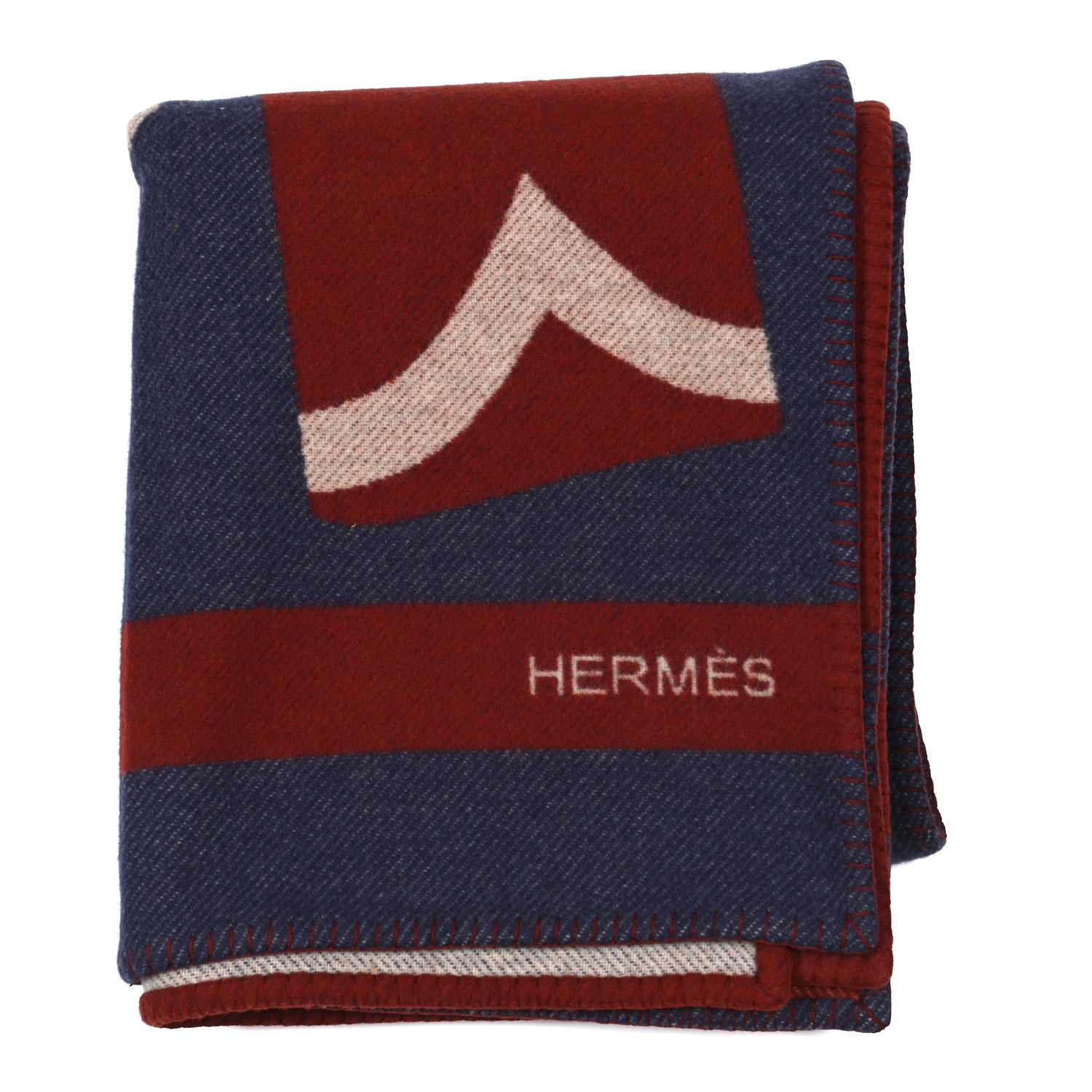 Hermes Cashmere Wool Brandebourgs Blanket Marine Carmin 1 of 3