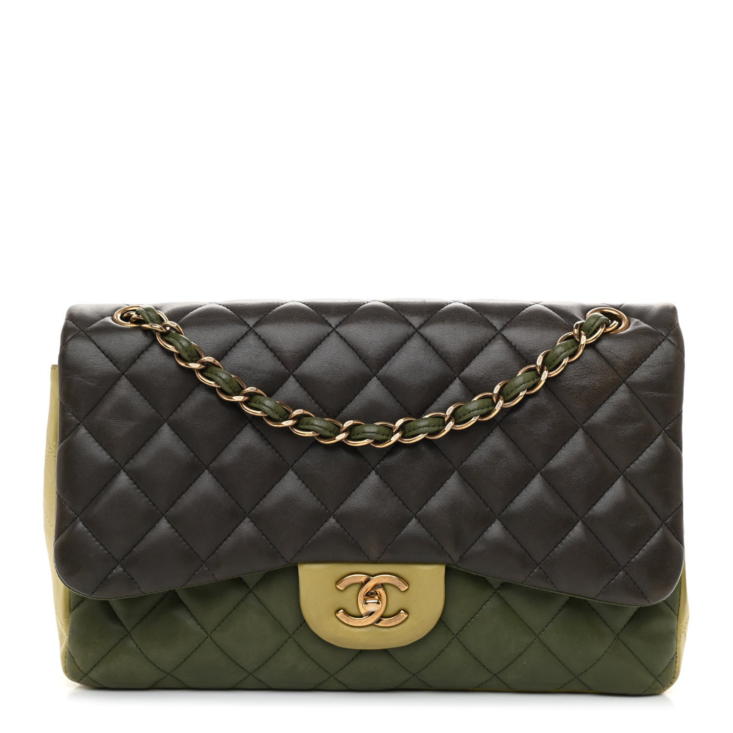 Chanel Lambskin Quilted Tri-Color Jumbo Double Flap Green Brown 1 of 14