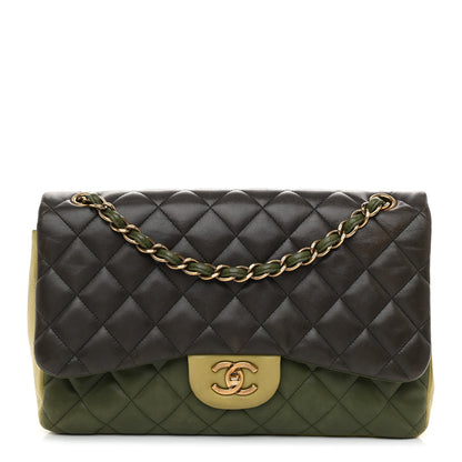 Chanel Lambskin Quilted Tri-Color Jumbo Double Flap Green Brown 1 of 14