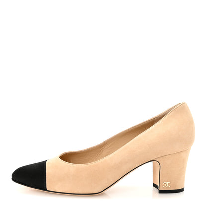 Chanel Suede Satin Cap Toe Low Heel Pumps 40 Beige Black 1 of 9