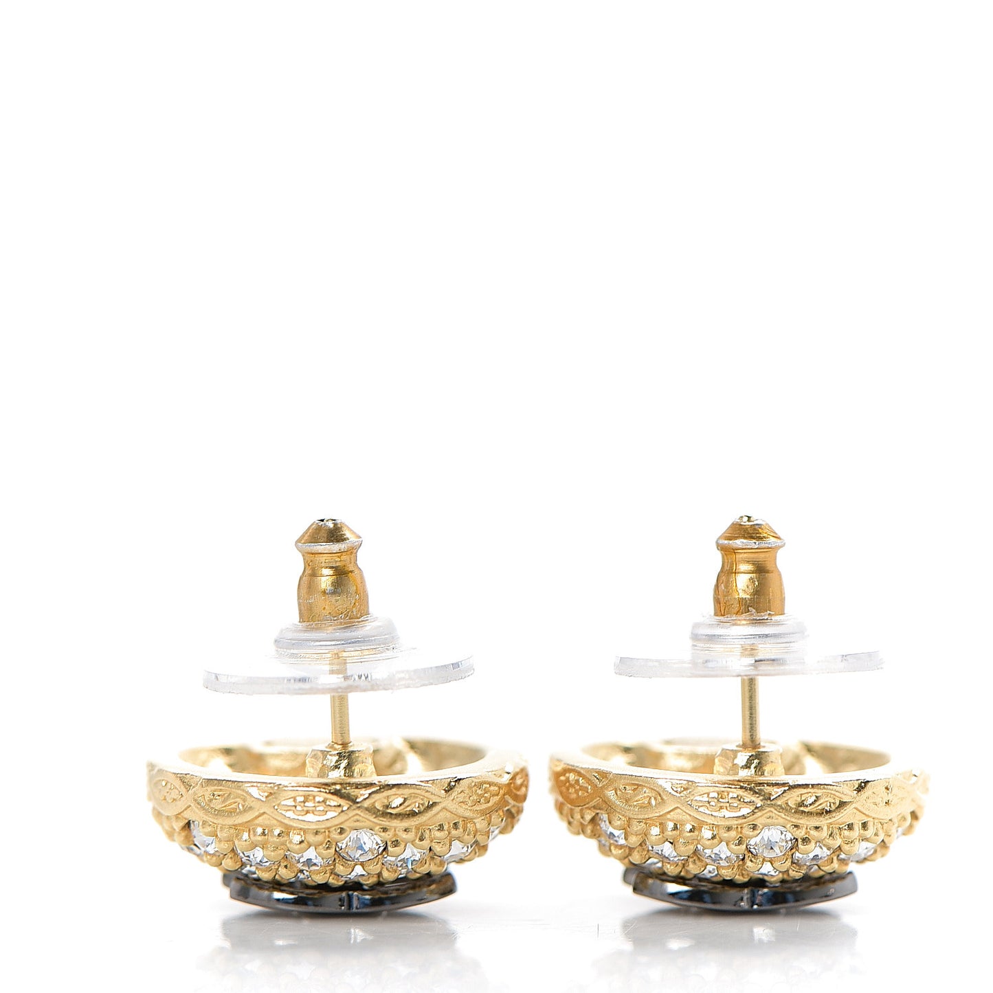 Crystal Perforated CC Round Earrings Ruthenium Gold