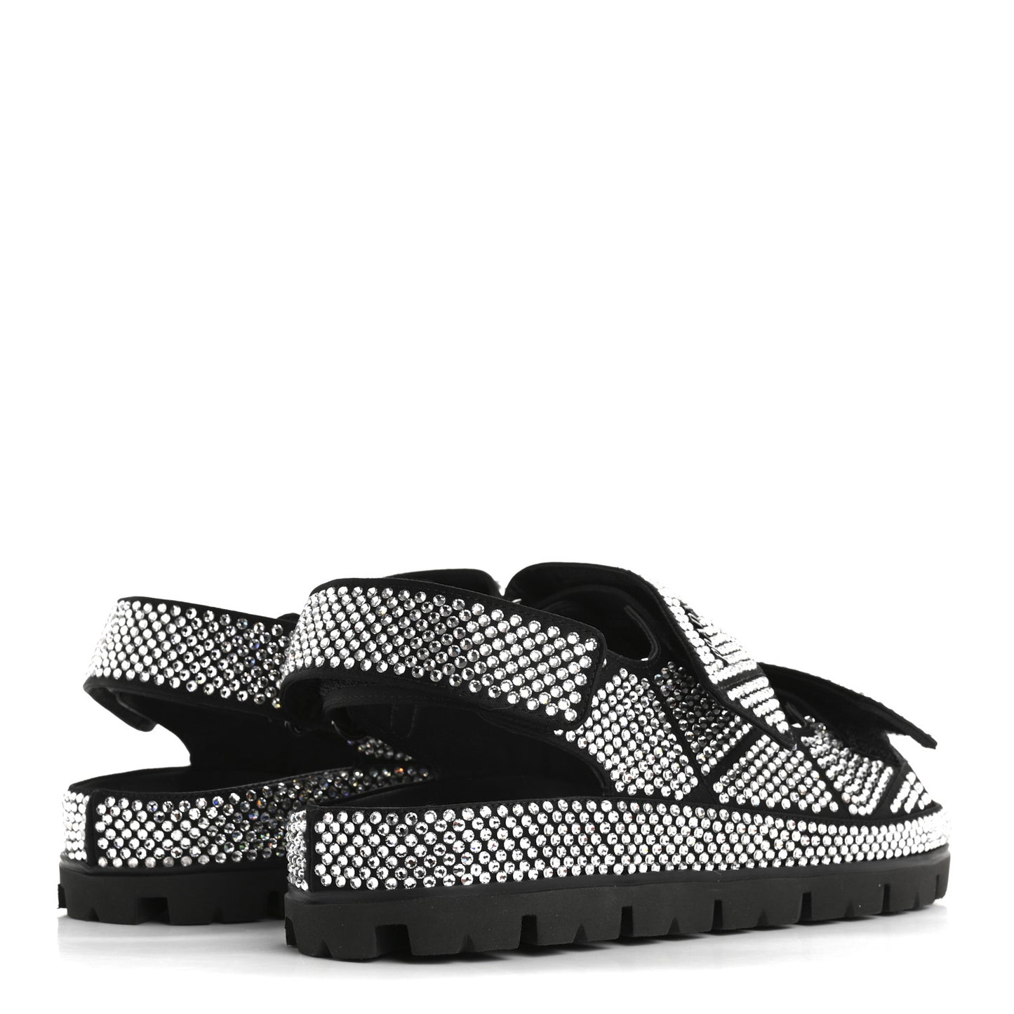Satin Crystal Embellished Metal Logo Velcro Sandals 37 Black