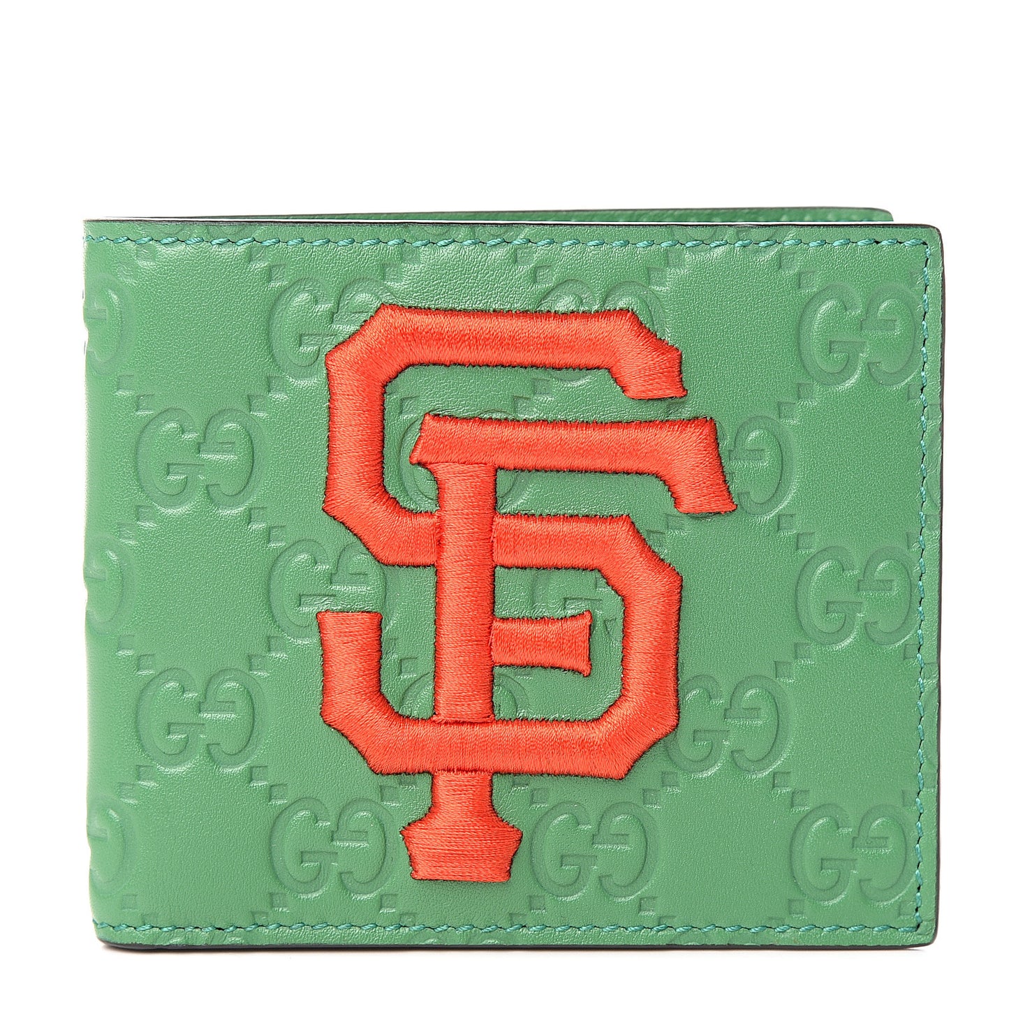 X MLB Guccissima SF Giants Embroidered Bi-Fold Wallet New Shamrock Deep Orange