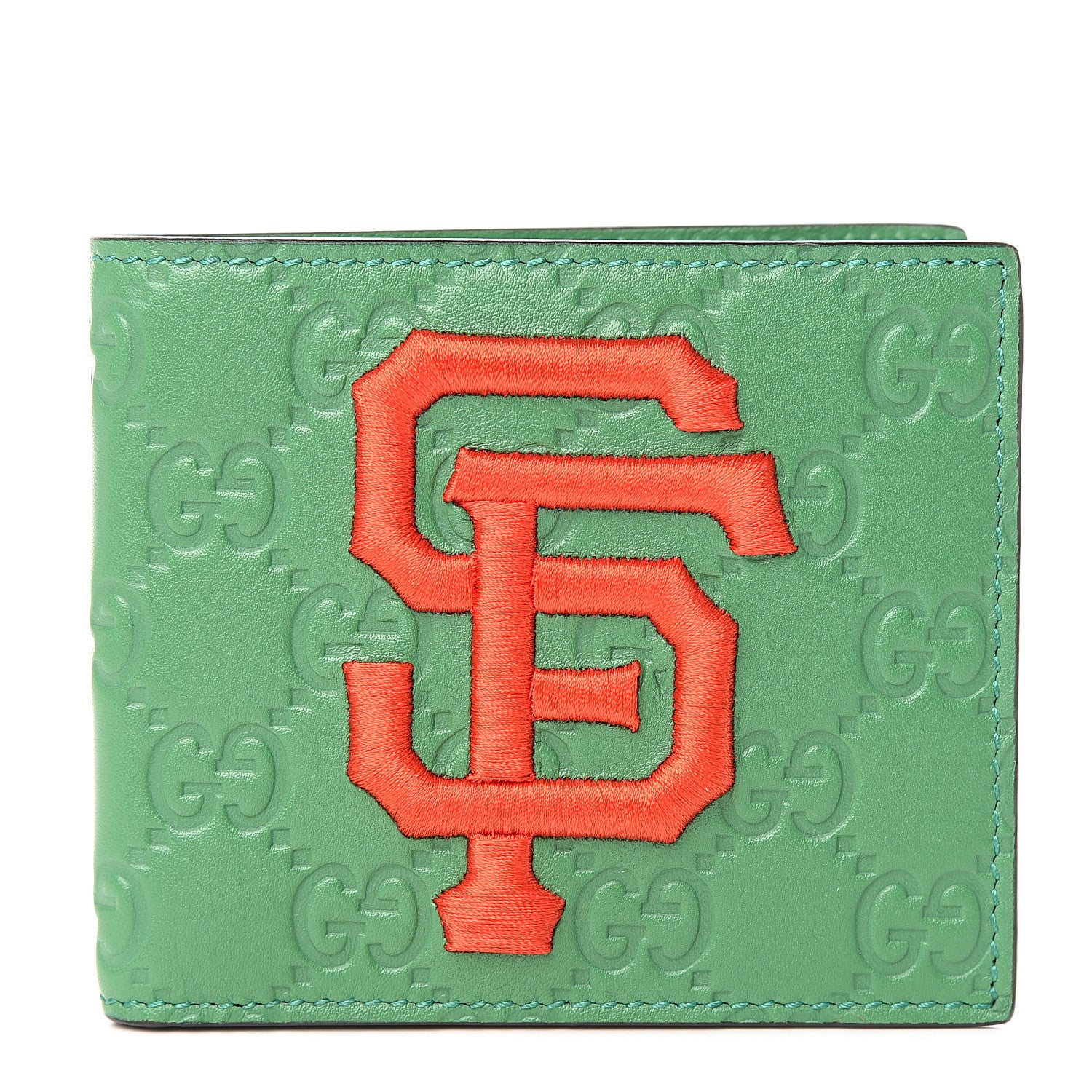 Gucci X MLB Guccissima SF Giants Embroidered Bi-Fold Wallet New Shamrock Deep Orange 1 of 7