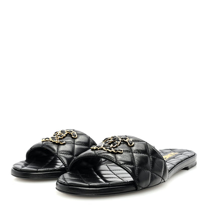 Chanel Shiny Goatskin Quilted CC Mules Sandals 39 Black 2 of 8