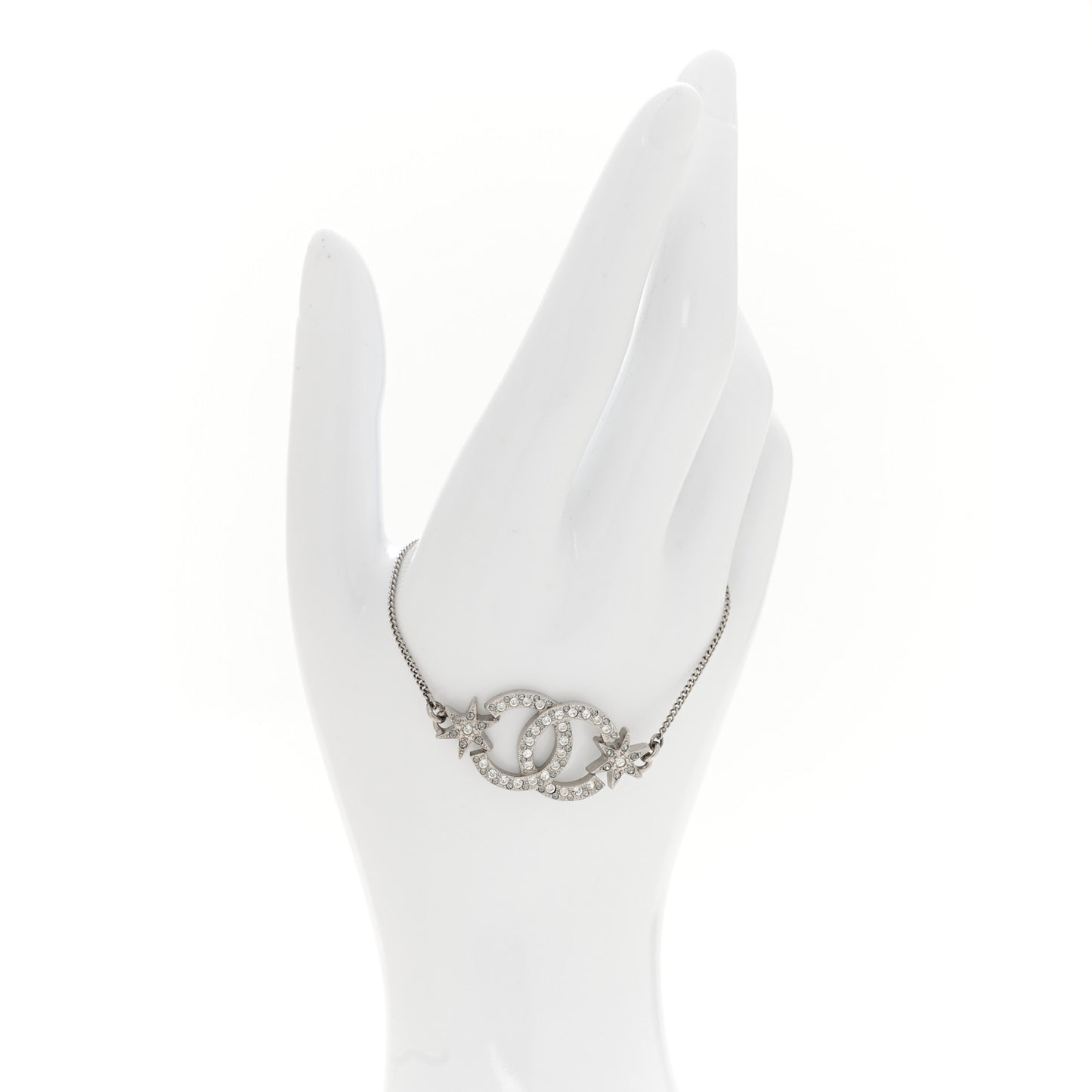 Metal Pearl Crystal Baguette CC Star Bracelet Silver