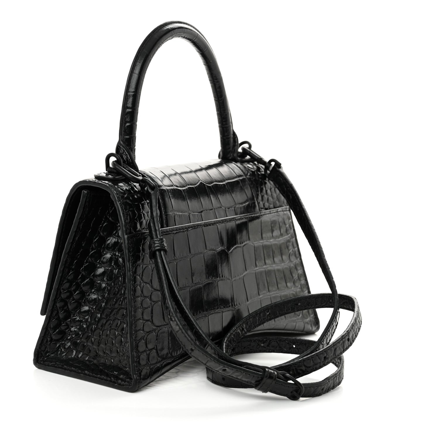 Shiny Calfskin Monochrome Crocodile Embossed Small Hourglass Top Handle Bag Black