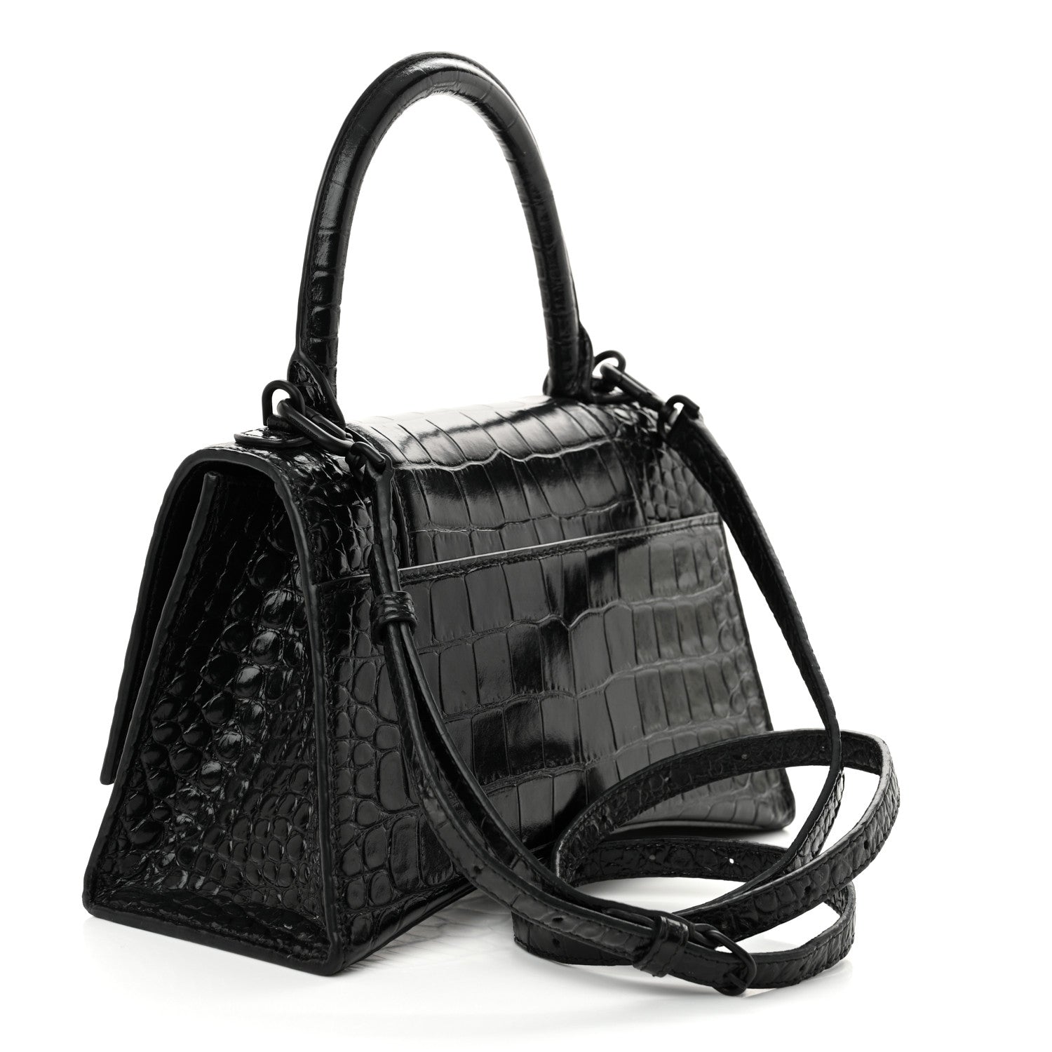 Balenciaga Shiny Calfskin Monochrome Crocodile Embossed Small Hourglass Top Handle Bag Black 3 of 13
