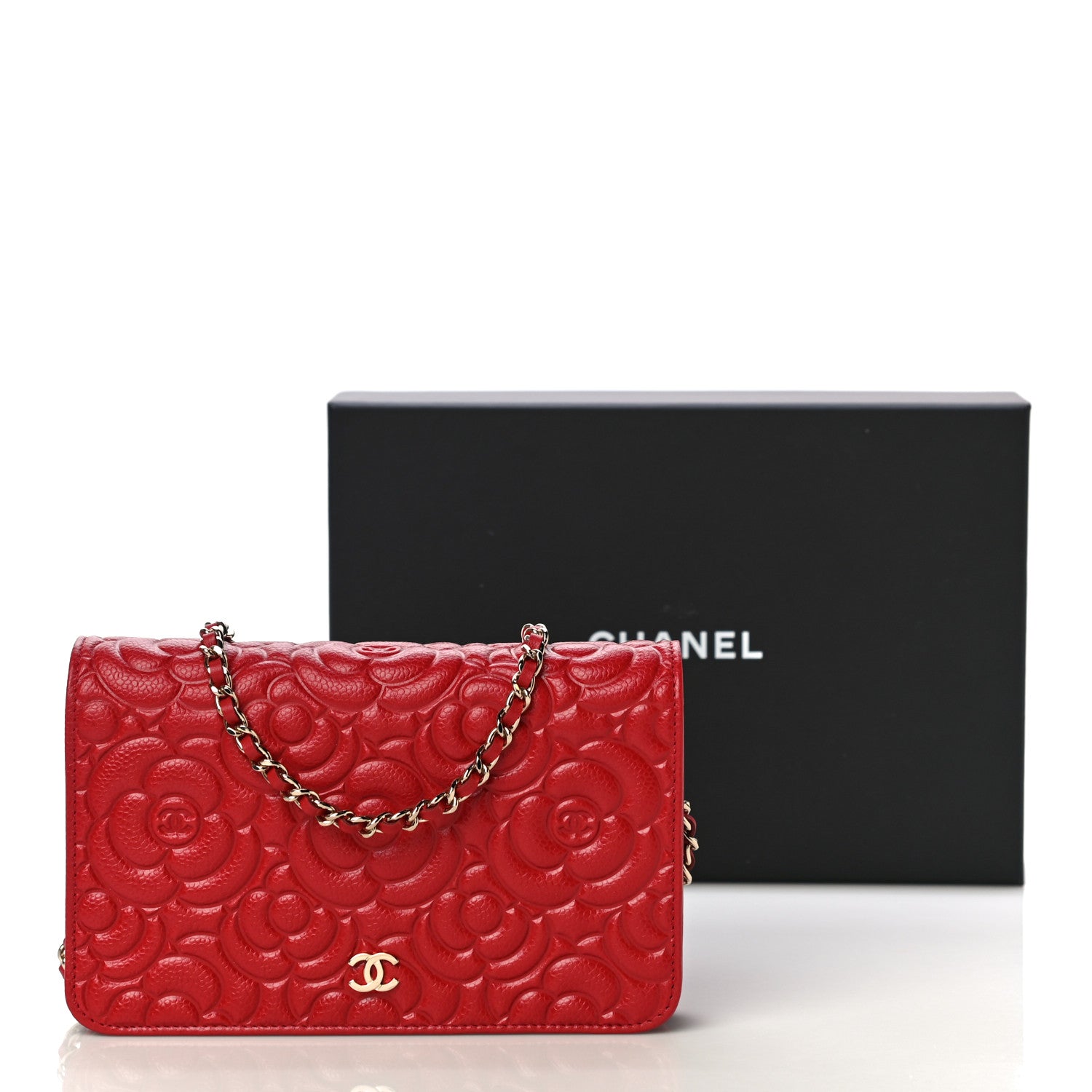 Chanel Caviar Camellia Embossed Wallet On Chain WOC Red 12 of 12