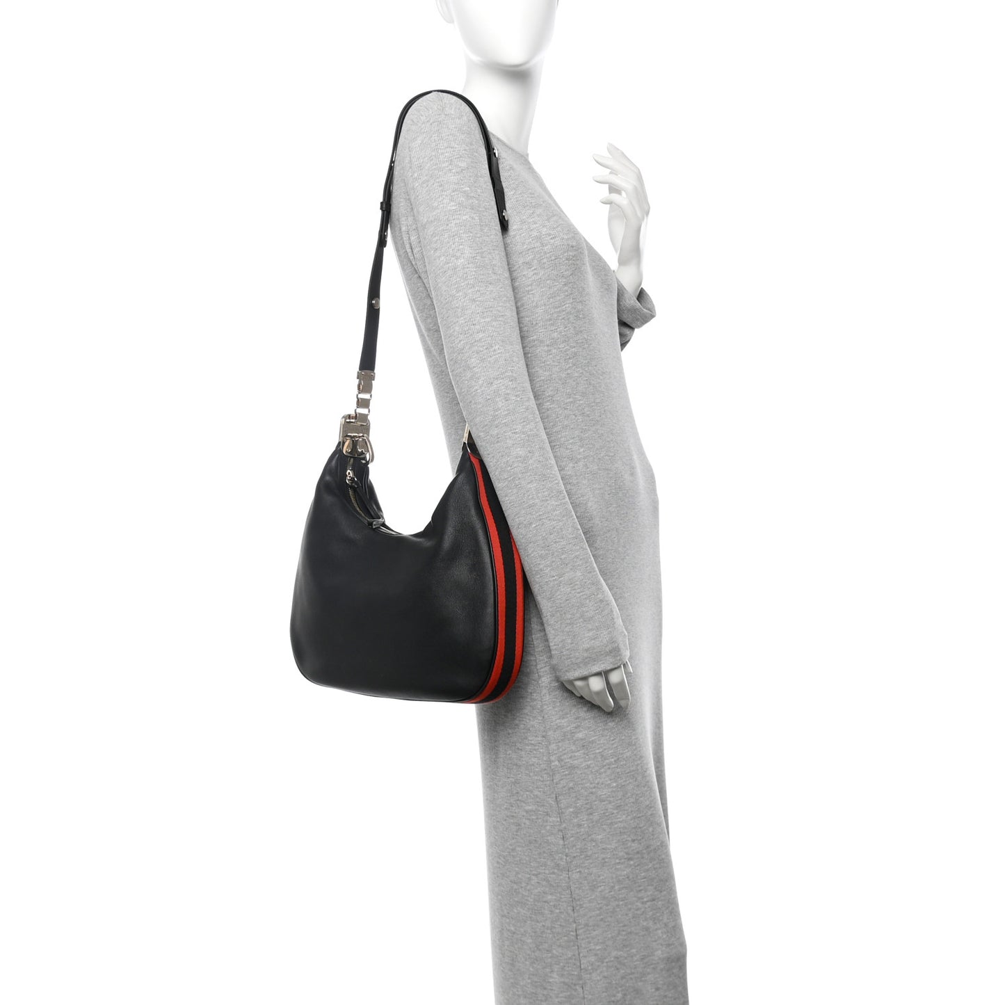 Aria Calfskin Web Large Attache Shoulder Bag Black