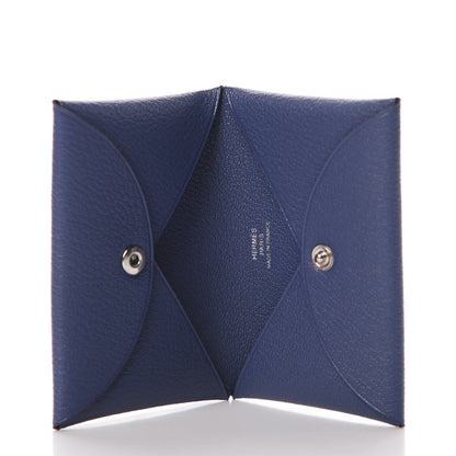 Hermes Chevre Mysore Embossed Calvi Card Case Bleu Brighton 5 of 8