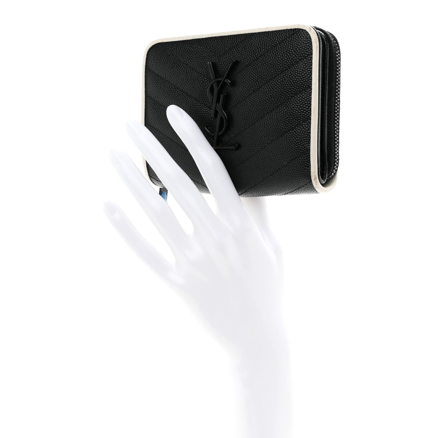 Saint Laurent Grain De Poudre Matelasse Chevron Monogram Compact Zip Around Wallet Black White 2 of 7