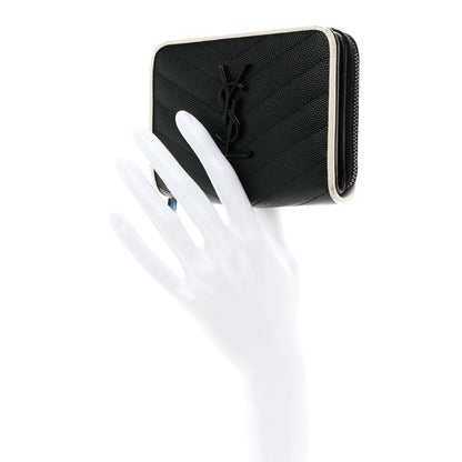 Saint Laurent Grain De Poudre Matelasse Chevron Monogram Compact Zip Around Wallet Black White 2 of 7