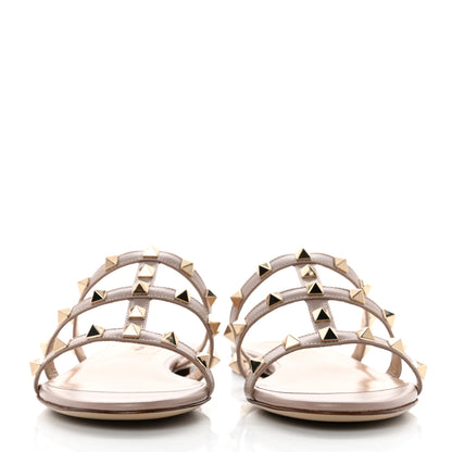 Valentino Garavani Nappa Rockstud Caged Flat Slide Sandals 35.5 Poudre 2 of 9