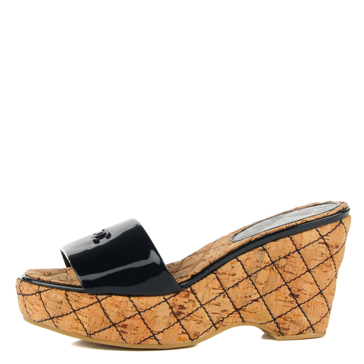 Patent Cork Quilted CC Wedge Sandals 38 Navy Blue