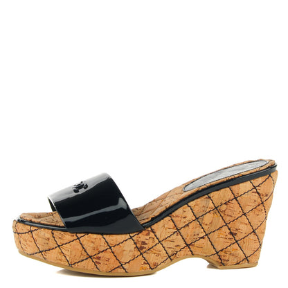 Chanel Patent Cork Quilted CC Wedge Sandals 38 Navy Blue 1 of 8