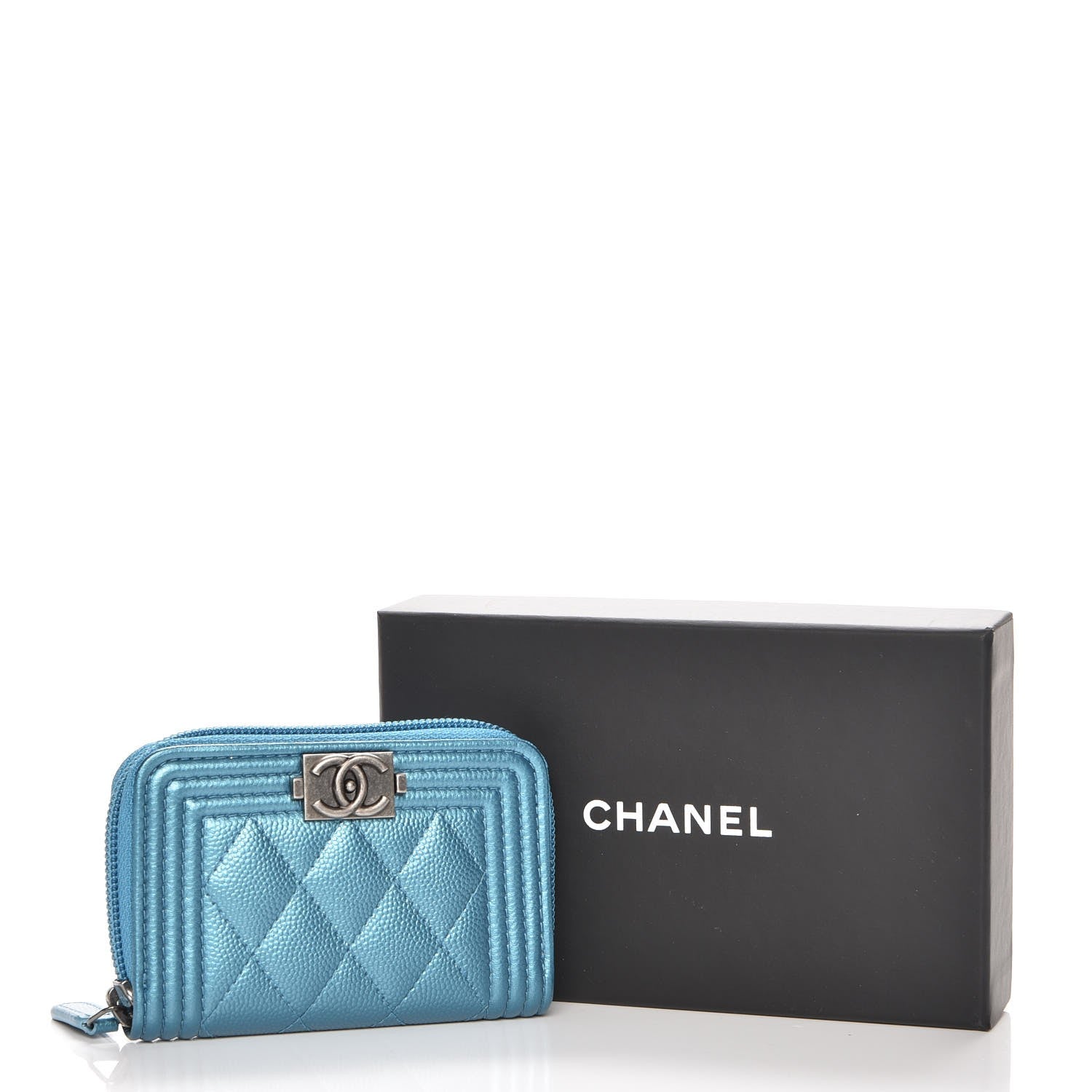 Chanel Metallic Caviar Quilted Boy Zip Around Coin Purse Wallet Turquoise 8 of 8