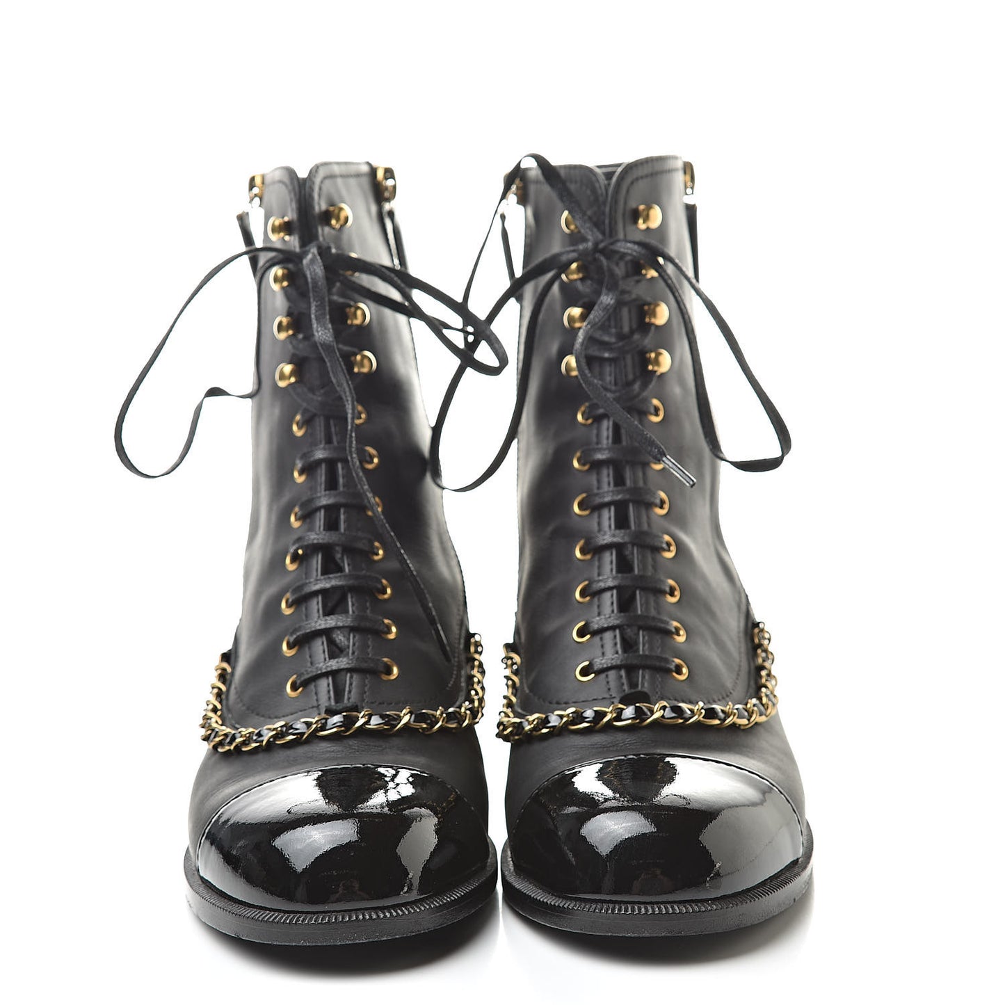 Calfskin Chain Lace Up Boots 38.5 Black