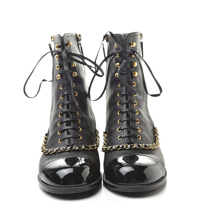 Chanel Calfskin Chain Lace Up Boots 38.5 Black 2 of 12
