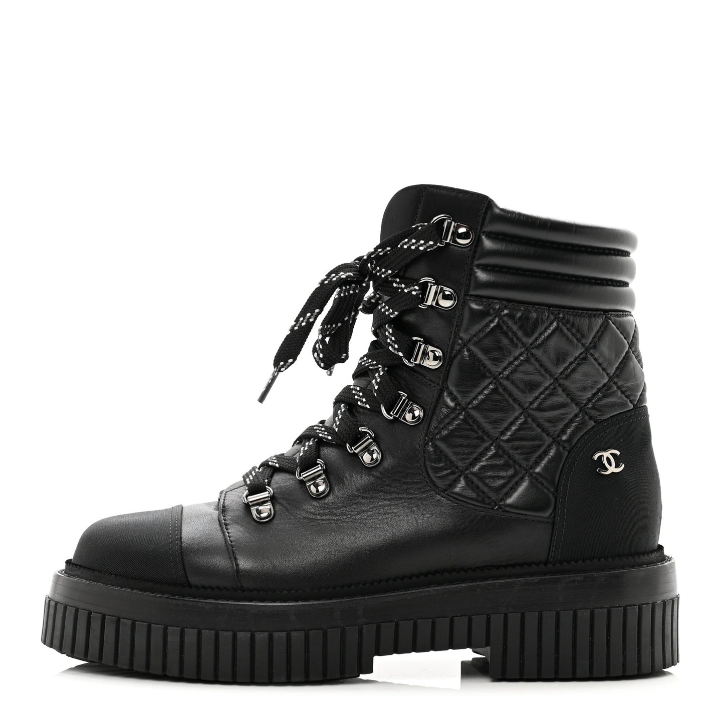 Calfskin Grosgrain Quilted Lace Up Boots 37.5 Black Grey