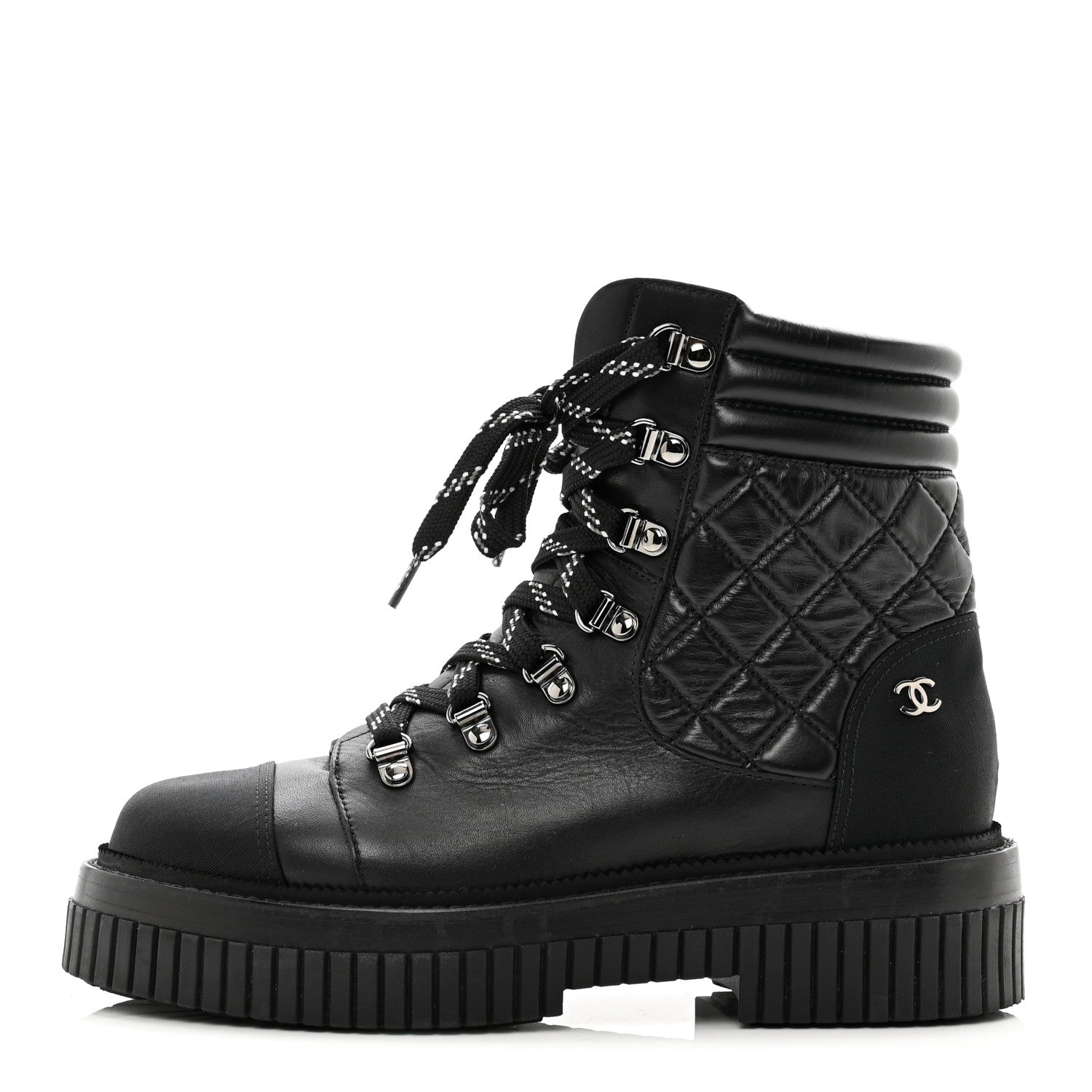Chanel Calfskin Grosgrain Quilted Lace Up Boots 37.5 Black Grey 1 of 8