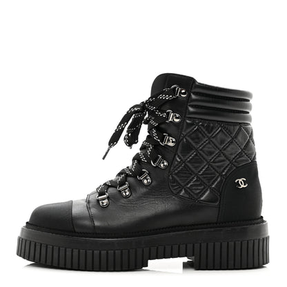 Chanel Calfskin Grosgrain Quilted Lace Up Boots 37.5 Black Grey 1 of 8