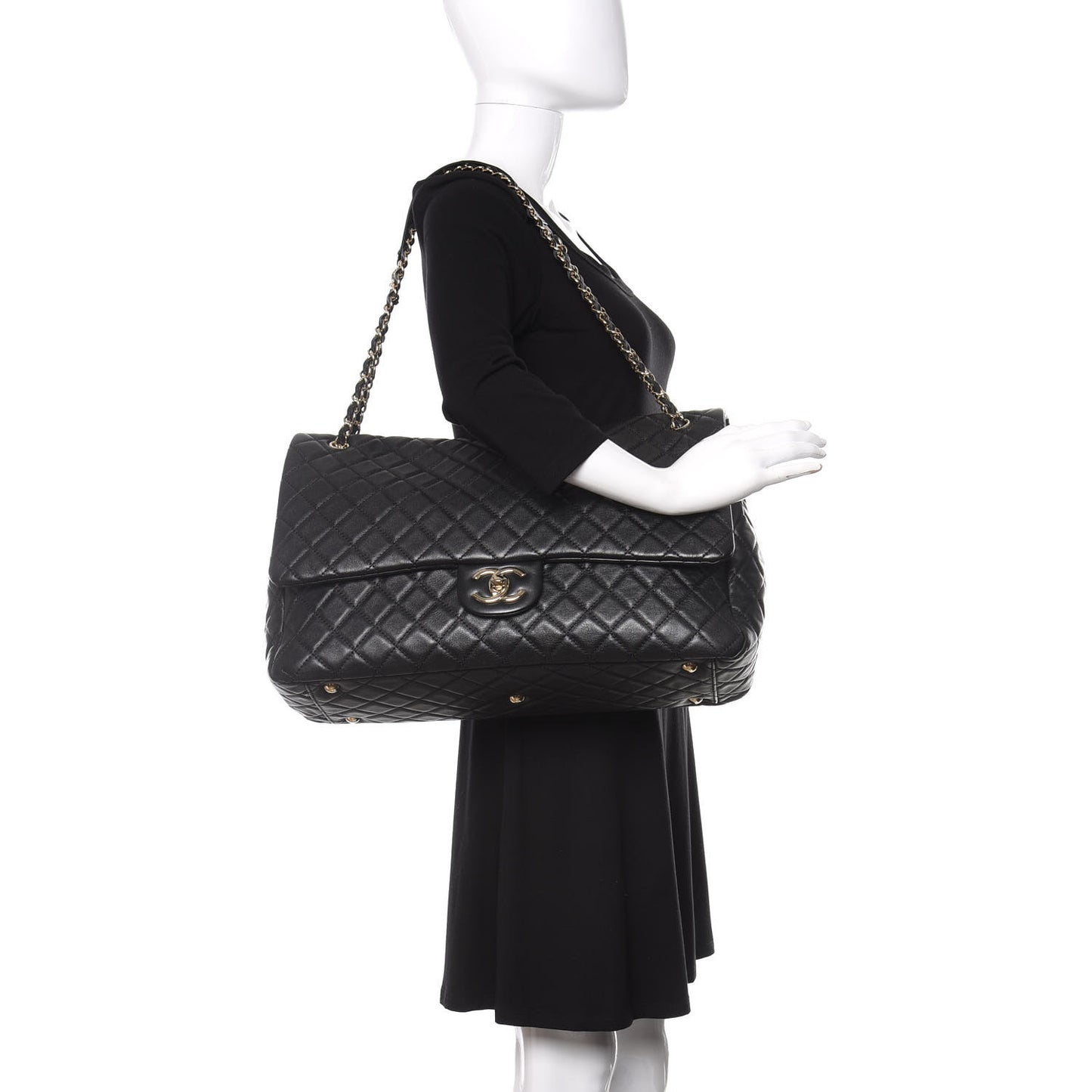 Calfskin Quilted XXL Travel Flap Bag Black