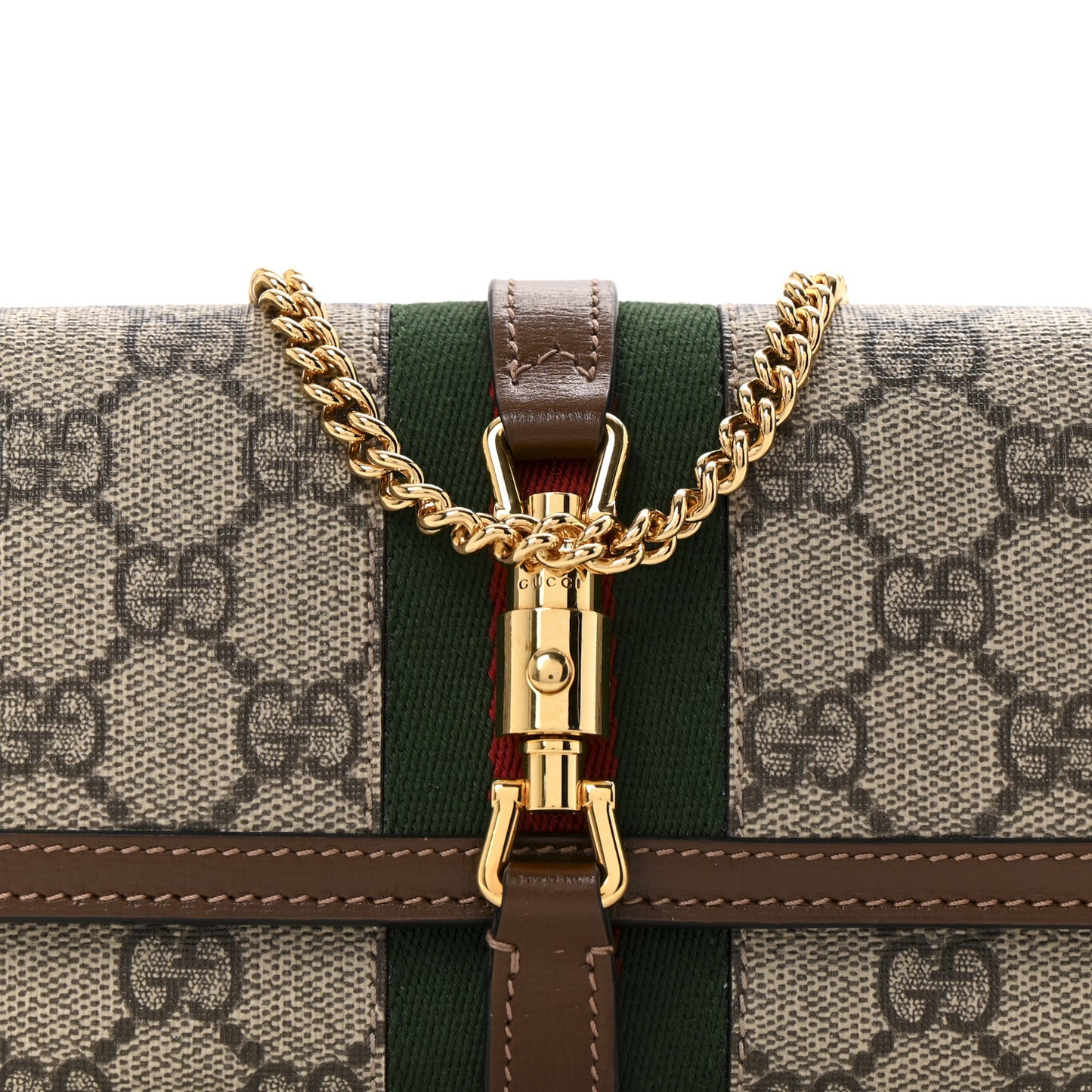 GG Supreme Monogram Azalea Calfskin Web Jackie 1961 Chain Wallet Beige Ebony Brown Sugar