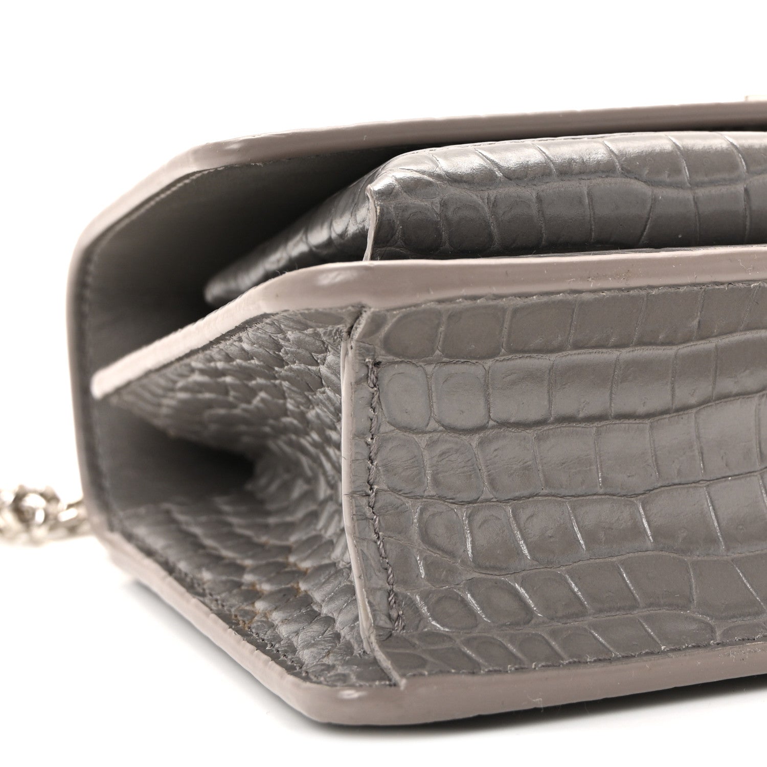 Saint Laurent Calfskin Crocodile Embossed Monogram Sunset Chain Wallet Grey 14 of 17