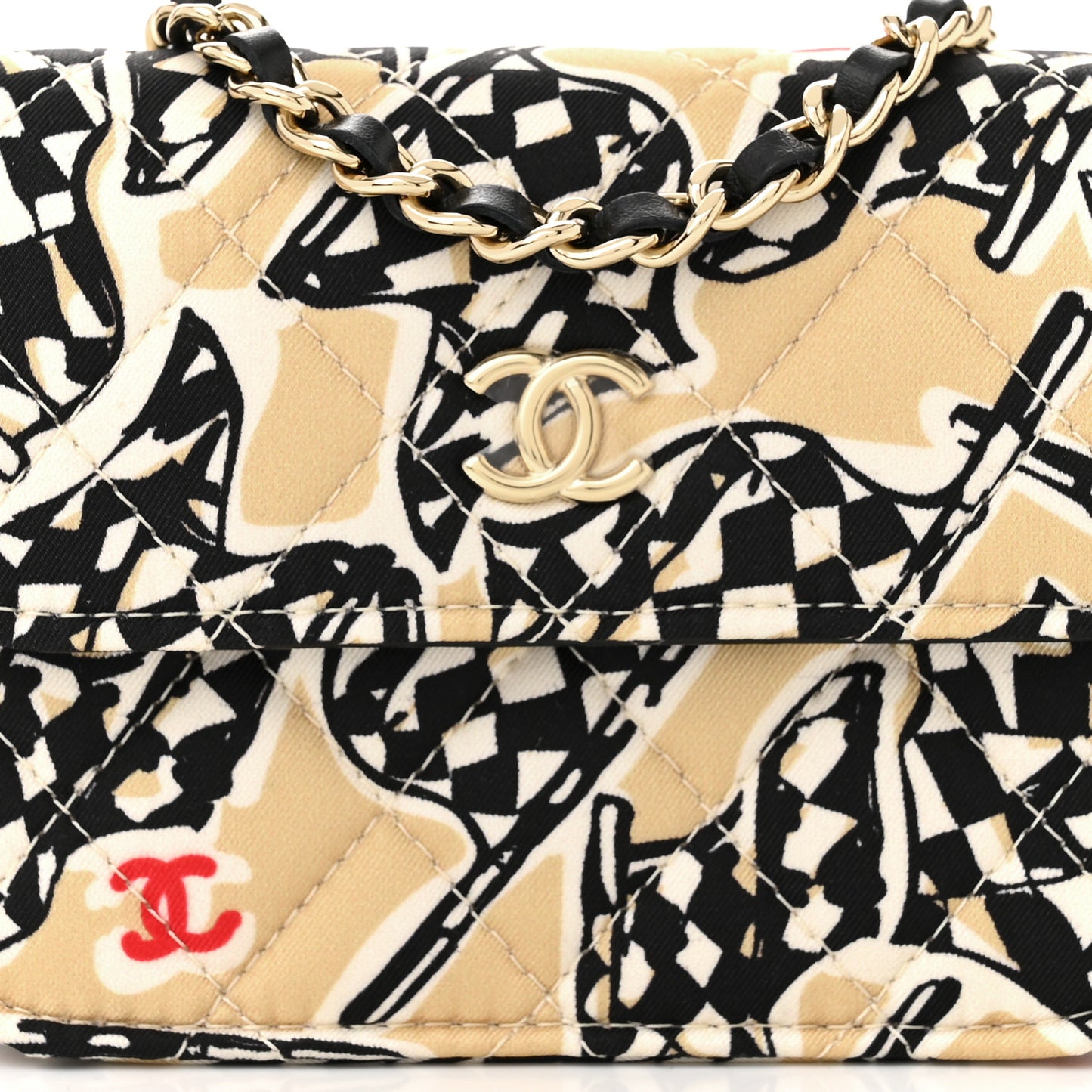 Canvas Check Flag Printed CC Clutch With Chain Beige Multicolor