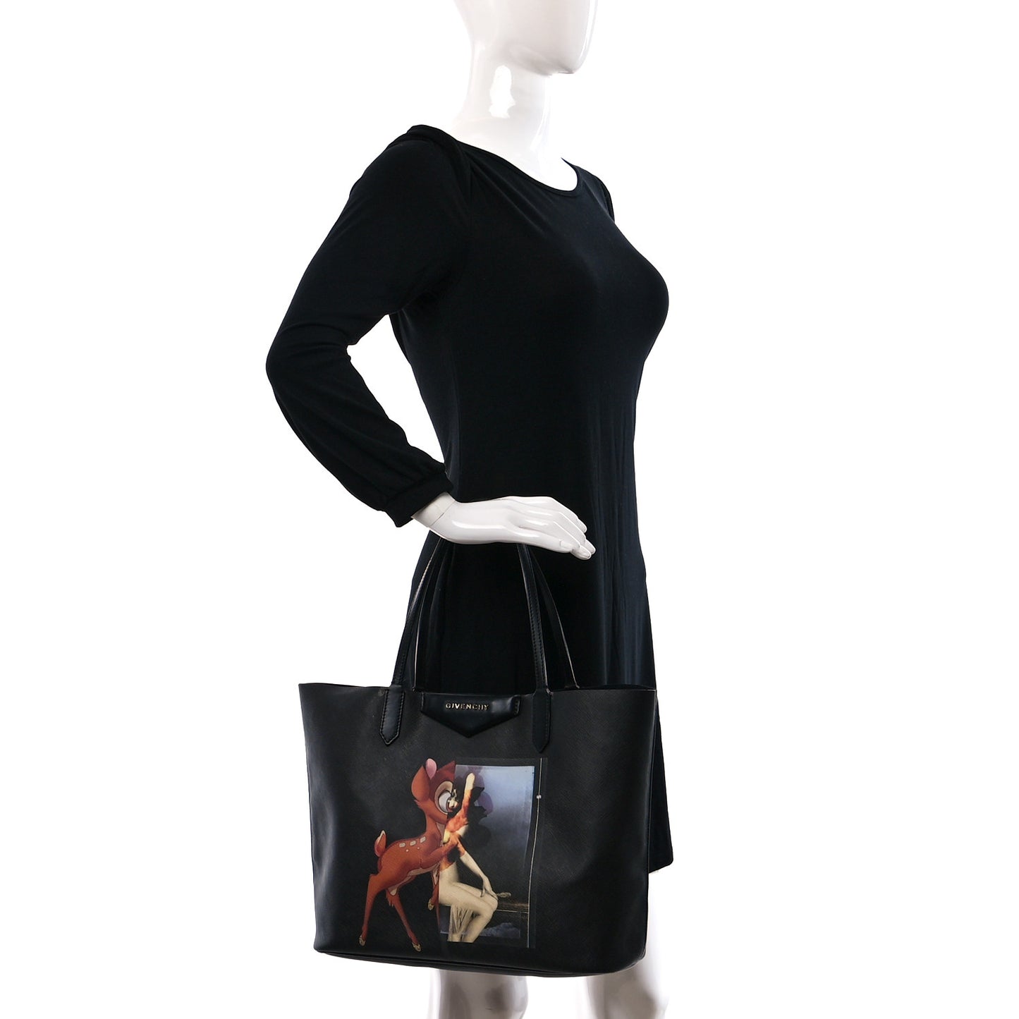 Textured Coated Canvas Bambi Print Medium Antigona Tote Black