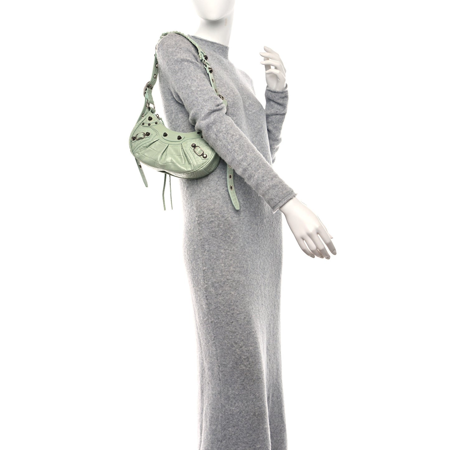 Extra Supple Calfskin Crocodile Embossed Le Cagole Shoulder Bag XS Light Green