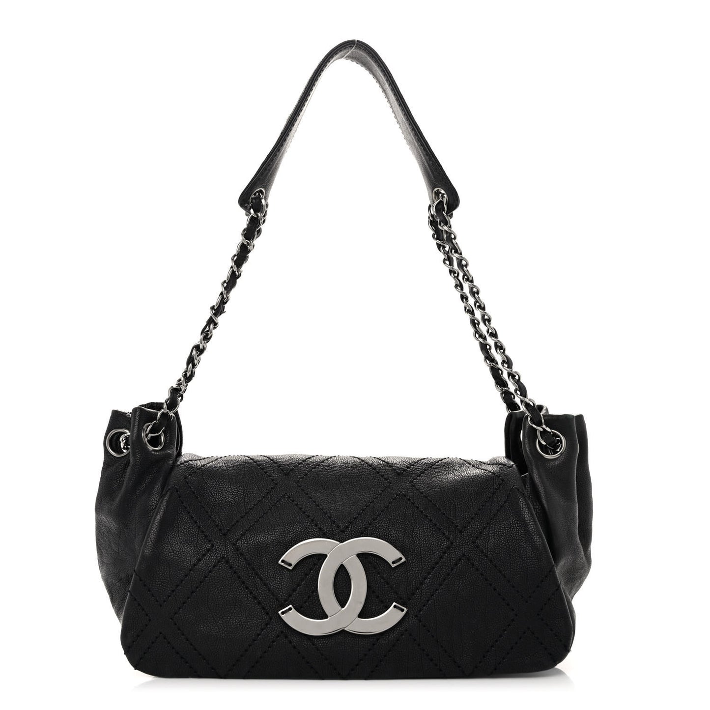 Calfskin Diamond Stitch Accordion Flap Black