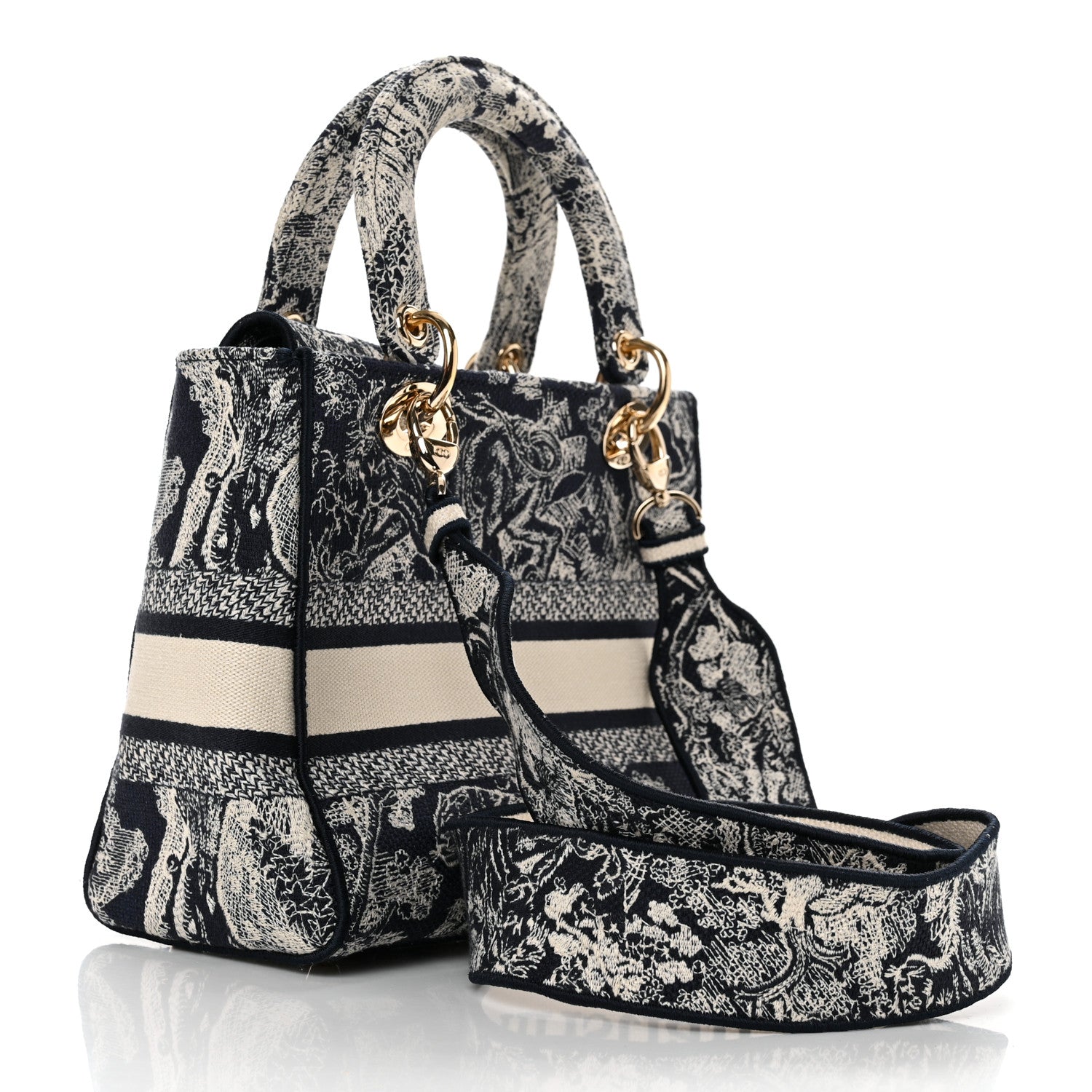 Christian Dior Canvas Toile De Jouy Reverse Embroidered Medium Lady D-Lite Navy 3 of 11