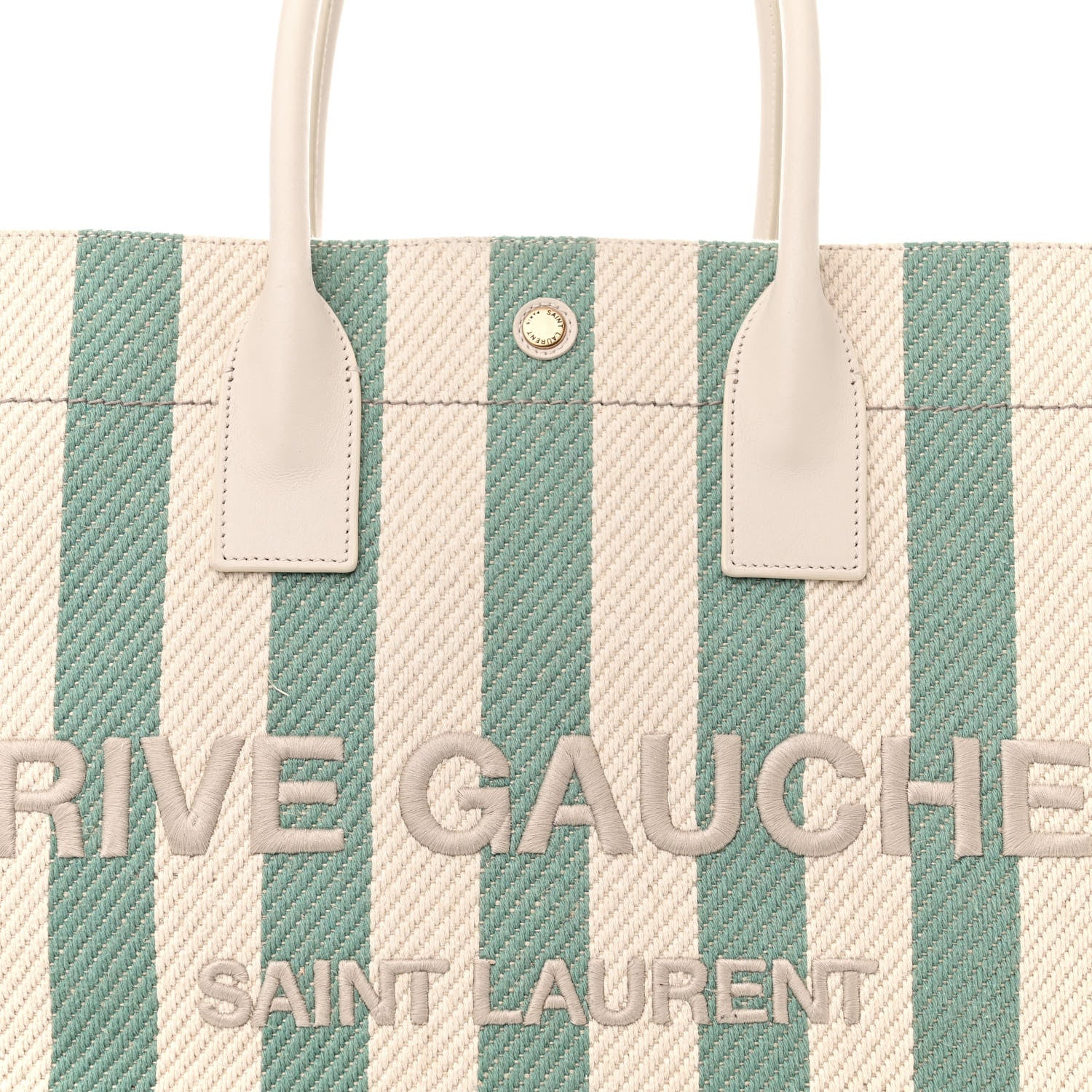 Saint Laurent Cotton Linen Calfskin Striped Rive Gauche Tote Water Green 8 of 14