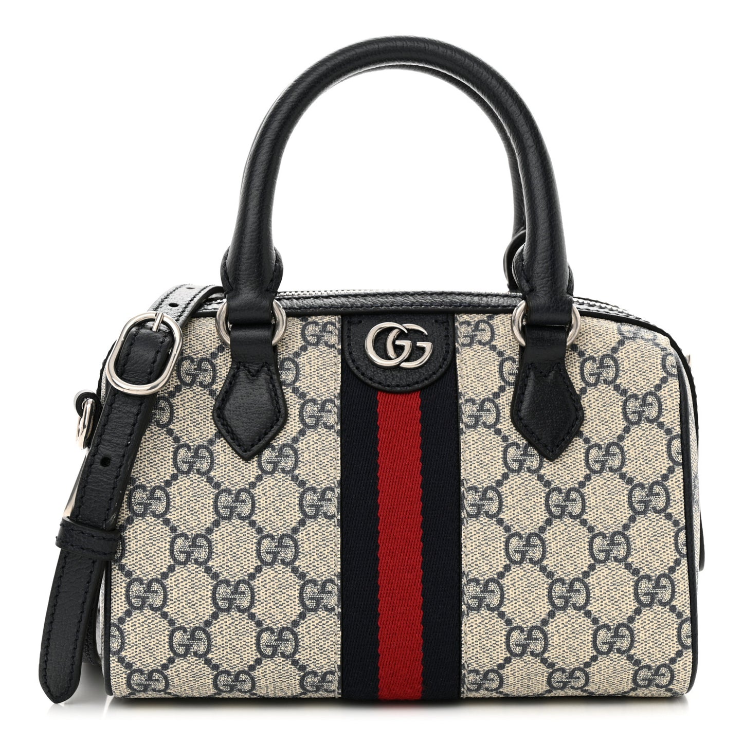 GG Supreme Monogram Textured Dollar Calfskin Web Mini Ophidia Top Handle Bag Beige Blue