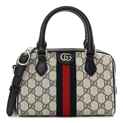 Gucci GG Supreme Monogram Textured Dollar Calfskin Web Mini Ophidia Top Handle Bag Beige Blue 1 of 12