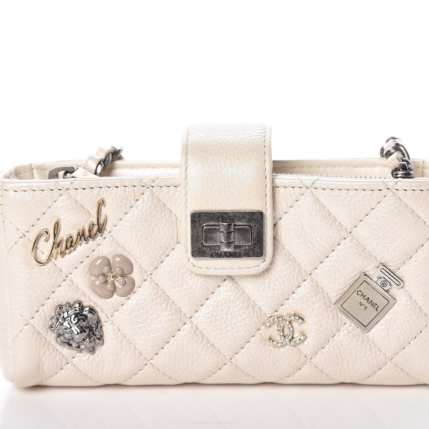 Chanel Metallic Calfskin Quilted Lucky Charms Mini Phone Holder Clutch Ivory 11 of 11