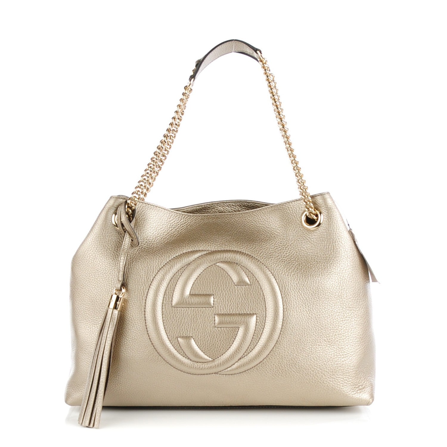 Gucci Metallic Pebbled Calfskin Medium Soho Chain Shoulder Bag Golden Beige 1 of 9
