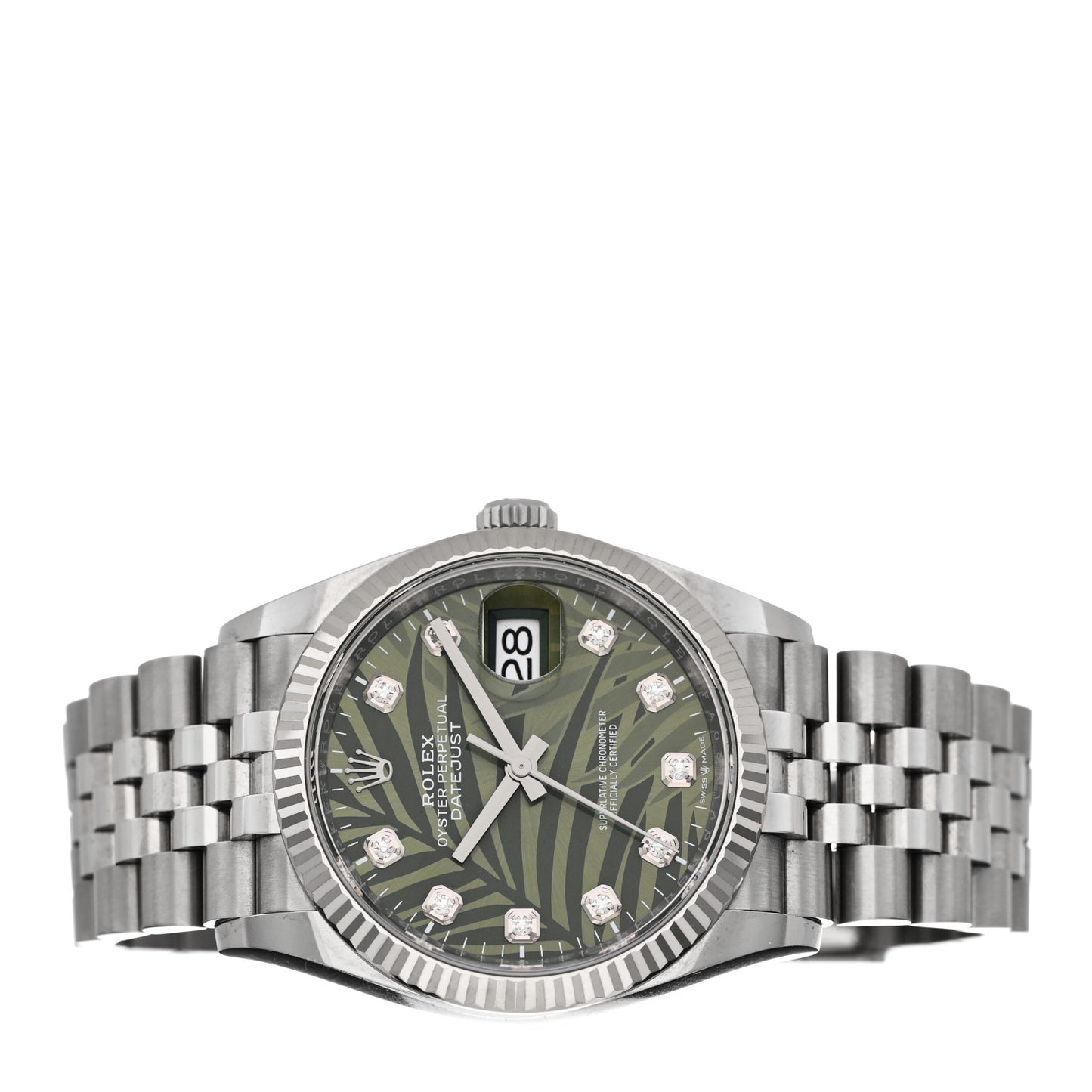 Stainless Steel 18K White Gold Diamond 36mm Oyster Perpetual Datejust Watch Green Palm 126234
