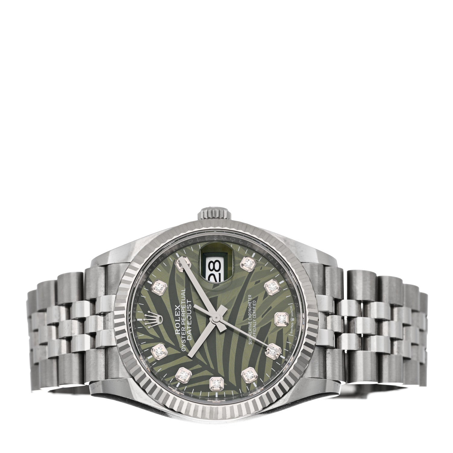 Rolex Stainless Steel 18K White Gold Diamond 36mm Oyster Perpetual Datejust Watch Green Palm 126234 2 of 5