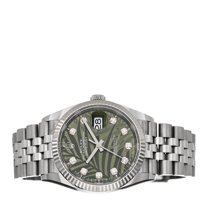 Rolex Stainless Steel 18K White Gold Diamond 36mm Oyster Perpetual Datejust Watch Green Palm 126234 2 of 5