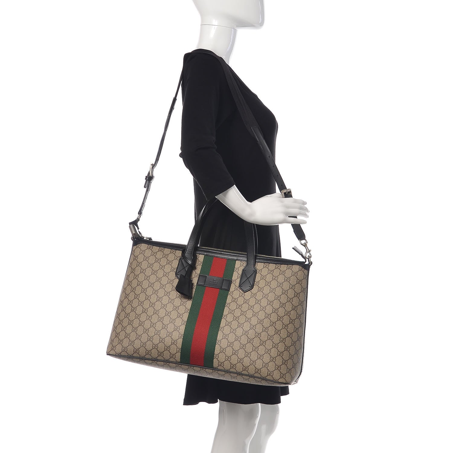 Gucci GG Supreme Monogram Web Medium Zippered Tote Beige Black 2 of 11