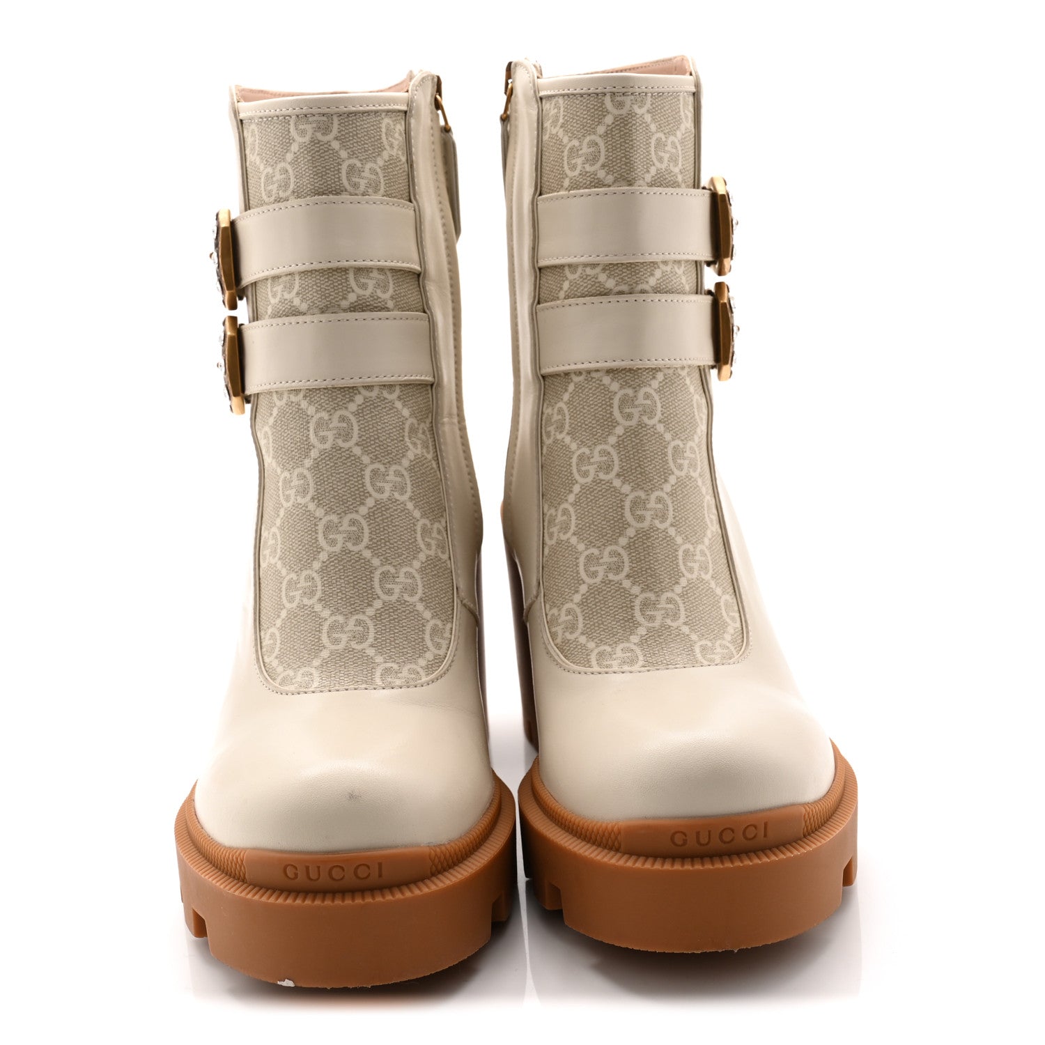 Gucci Kensington Calfskin Nappa GG Supreme Monogram Womens Double Buckle Ankle Boots 37.5 Mystic White Beige 2 of 11