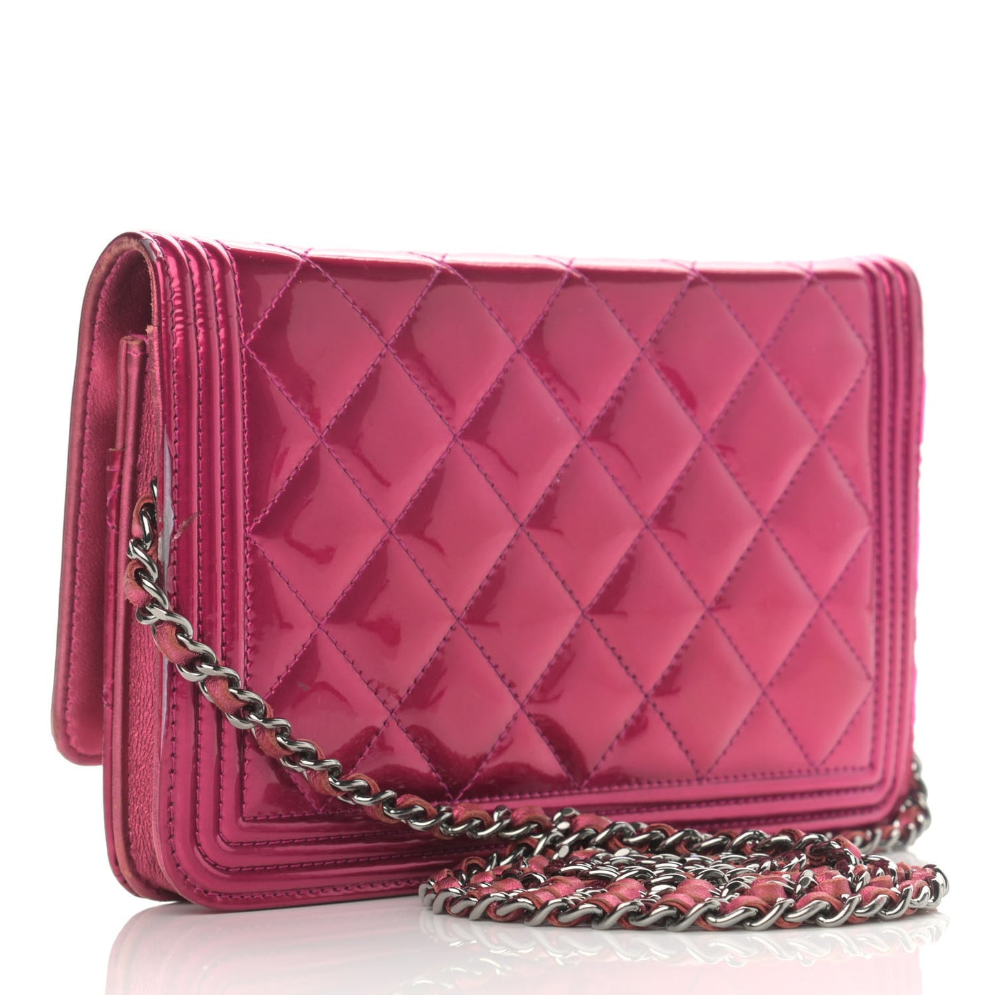 Metallic Patent Calfskin Quilted Boy Wallet On Chain WOC Fuchsia