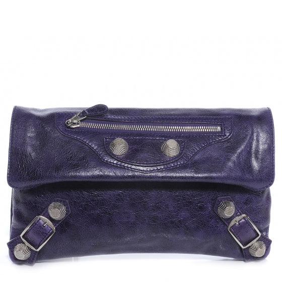Agneau Giant Silver Hardware Envelope Clutch Dark Violet
